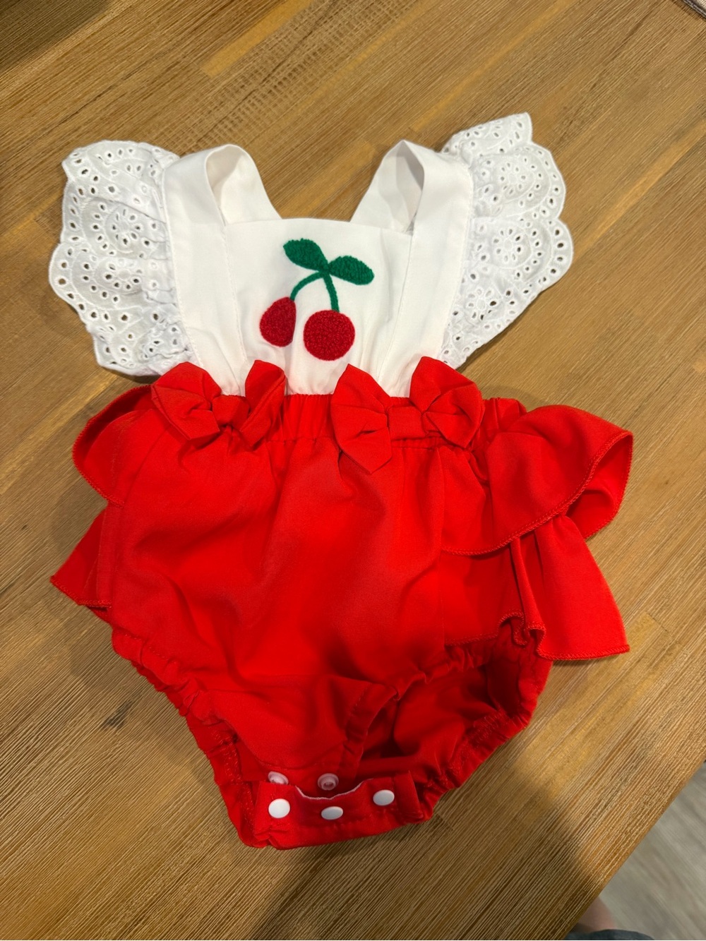 Red Cherry Baby Romper with Eyelet Ruffle